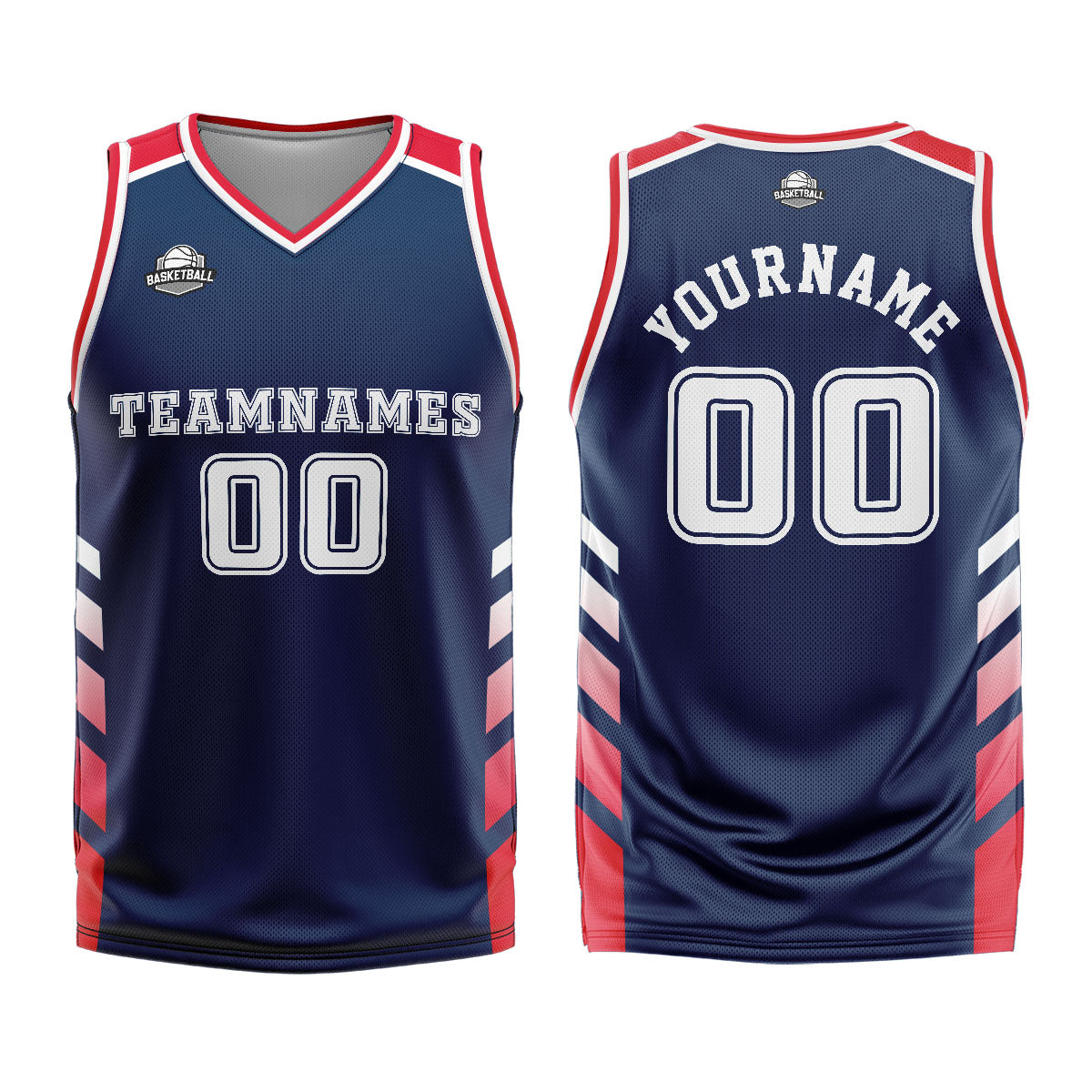 Uniforme de baloncesto personalizado azul marino y rojo con tu logotipo-nombre y número impresos