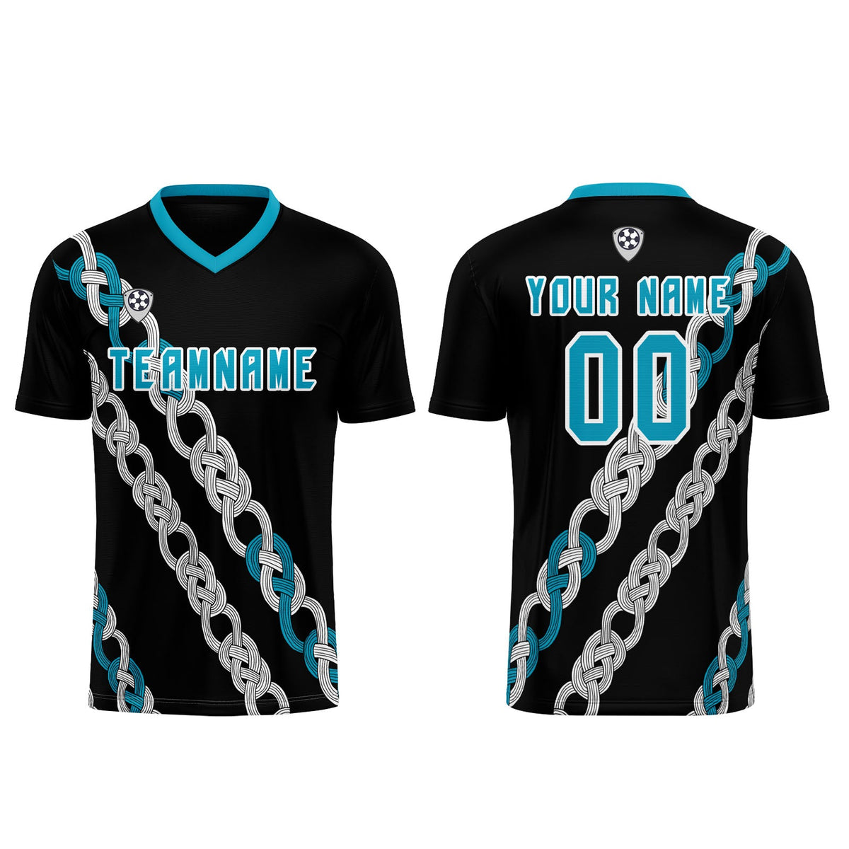 Conjunto personalizado de camiseta de uniforme negro y verde azulado para niños y adultos