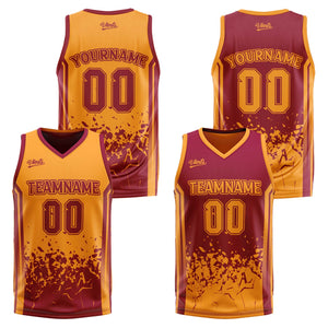 Traje de baloncesto reversible personalizado color burdeos y naranja para adultos y niños