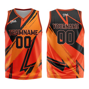 Uniforme de baloncesto personalizado naranja y negro con tu logotipo-nombre y número impresos