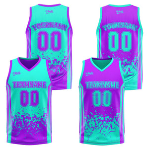 Traje de baloncesto reversible azul claro y morado claro personalizado para adultos y niños