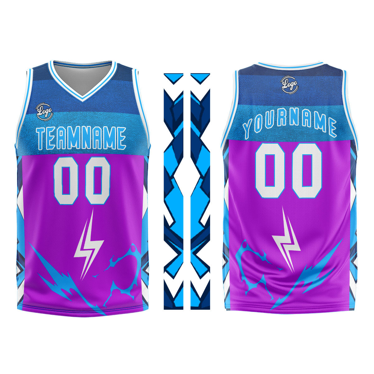 Uniforme de baloncesto personalizado en color morado y azul con tu logotipo-nombre y número impresos