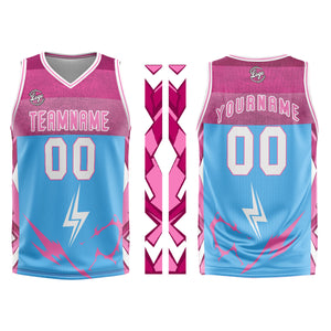 Uniforme de baloncesto personalizado azul y rosa con tu logotipo-nombre y número impresos