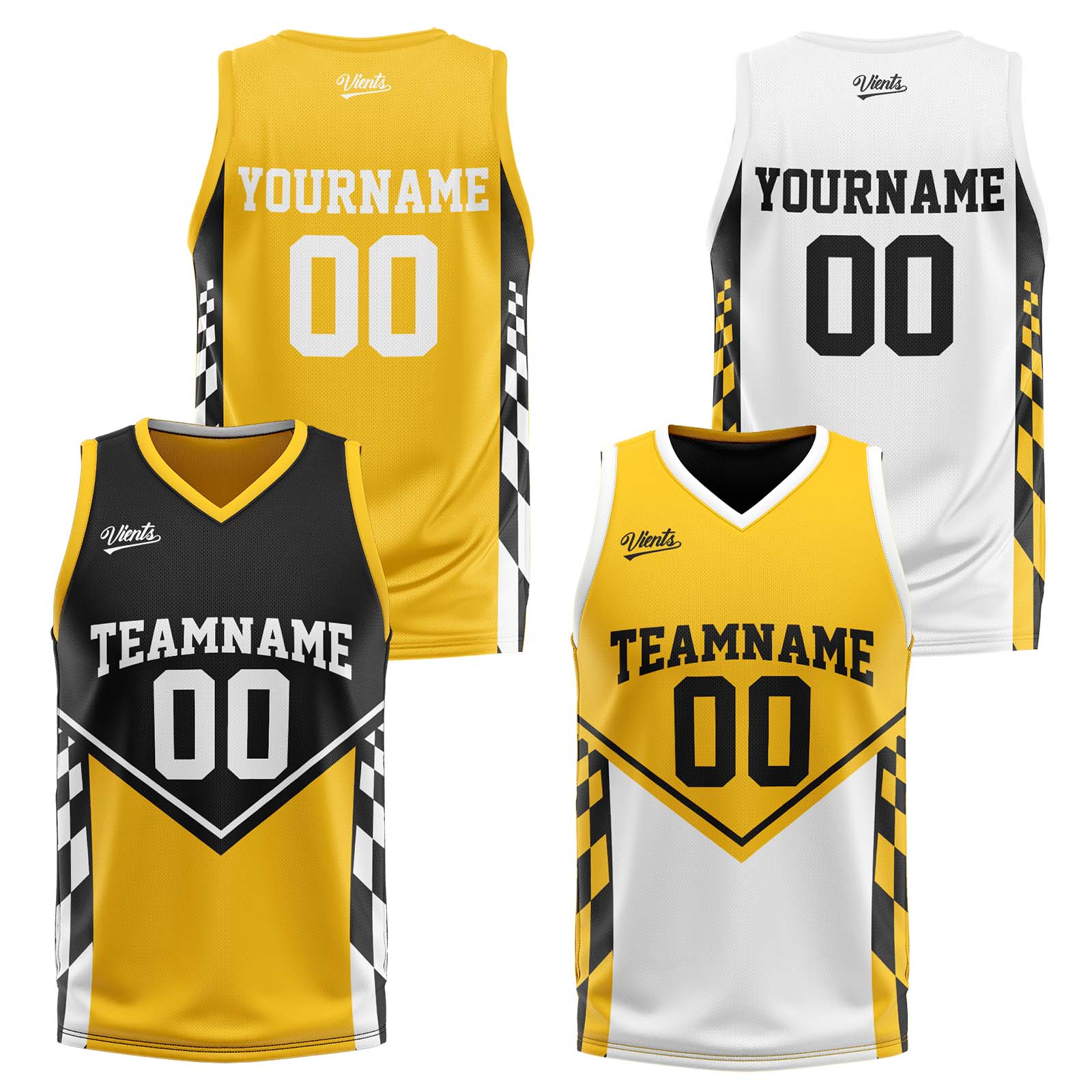 Traje de baloncesto reversible negro y amarillo personalizado para adultos y niños