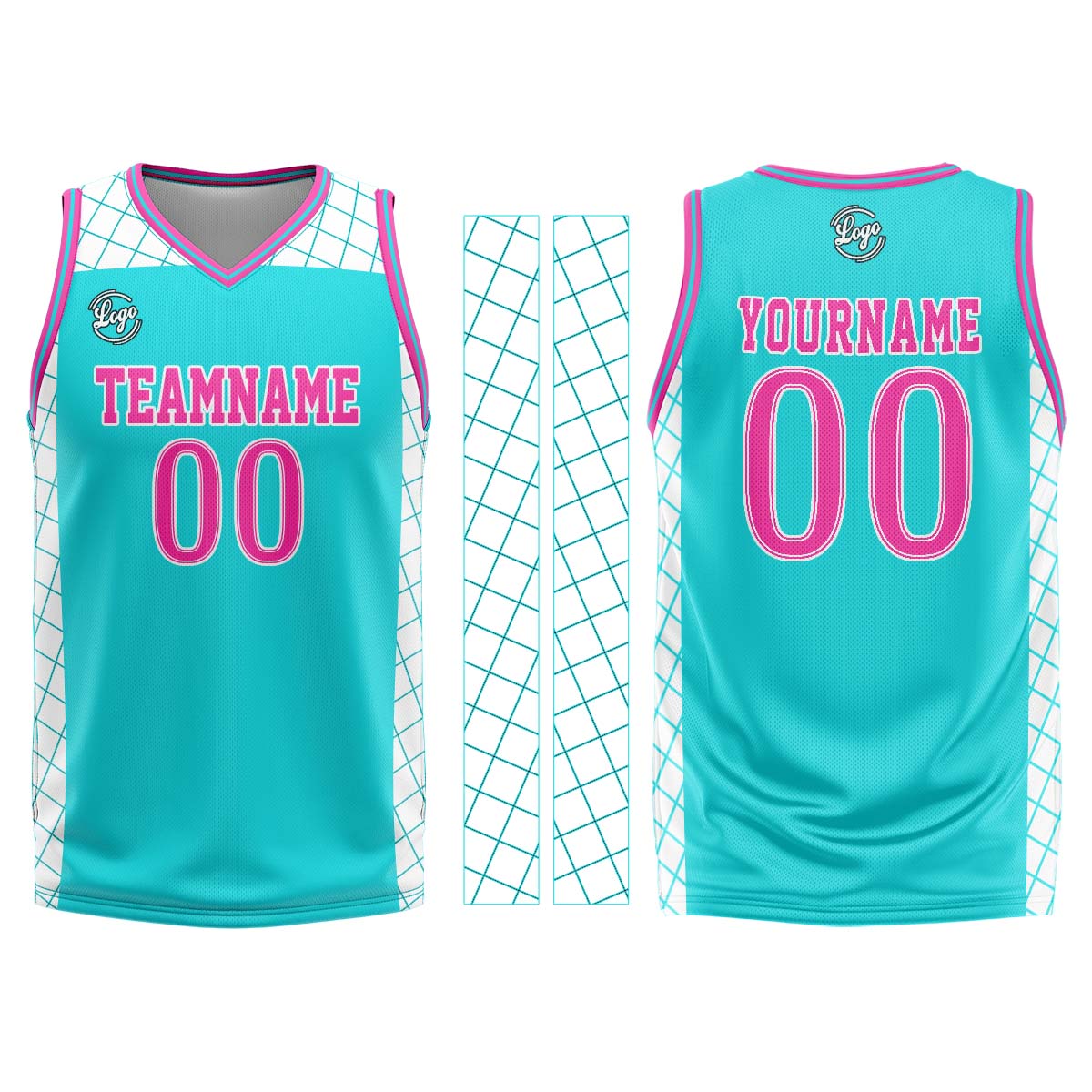 Uniforme de baloncesto rosa cian personalizado con tu logotipo-nombre y número impresos