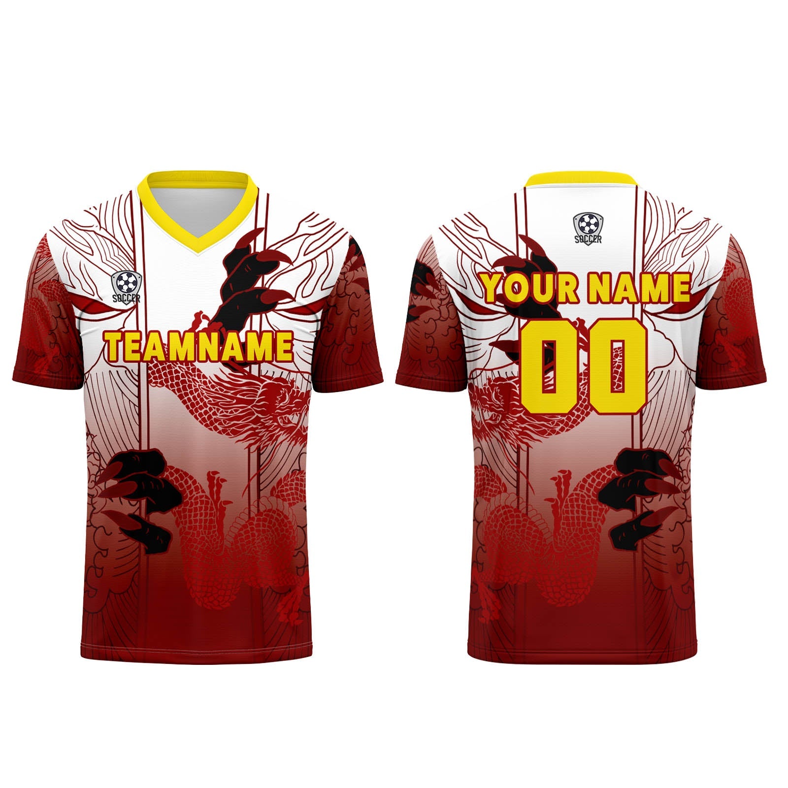 Conjunto personalizado de camiseta de uniforme rojo y amarillo para niños y adultos