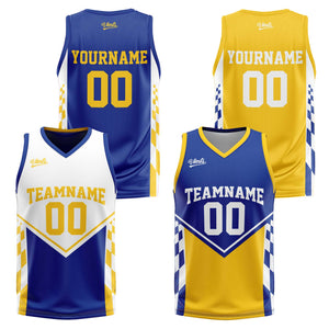 Traje de baloncesto reversible azul y amarillo personalizado para adultos y niños