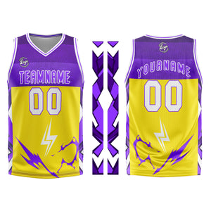 Uniforme de baloncesto personalizado amarillo y morado con tu logotipo-nombre y número impresos