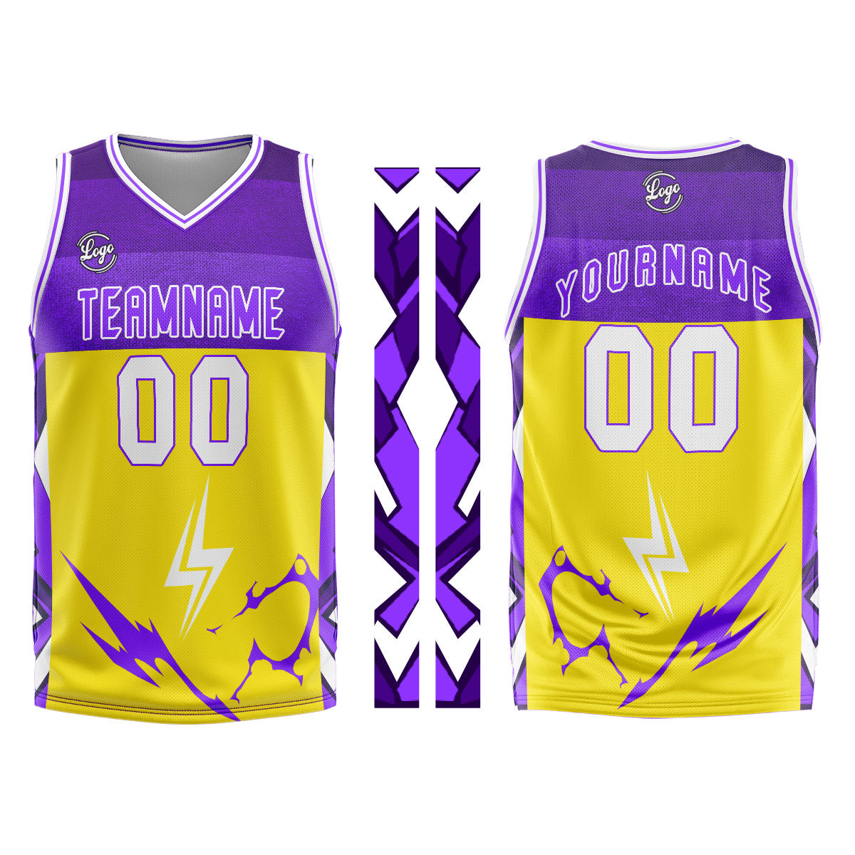 Uniforme de baloncesto personalizado amarillo y morado con tu logotipo-nombre y número impresos