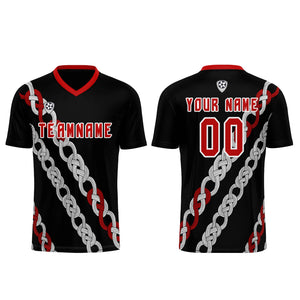 Conjunto personalizado de camiseta de uniforme negra y roja para niños y adultos