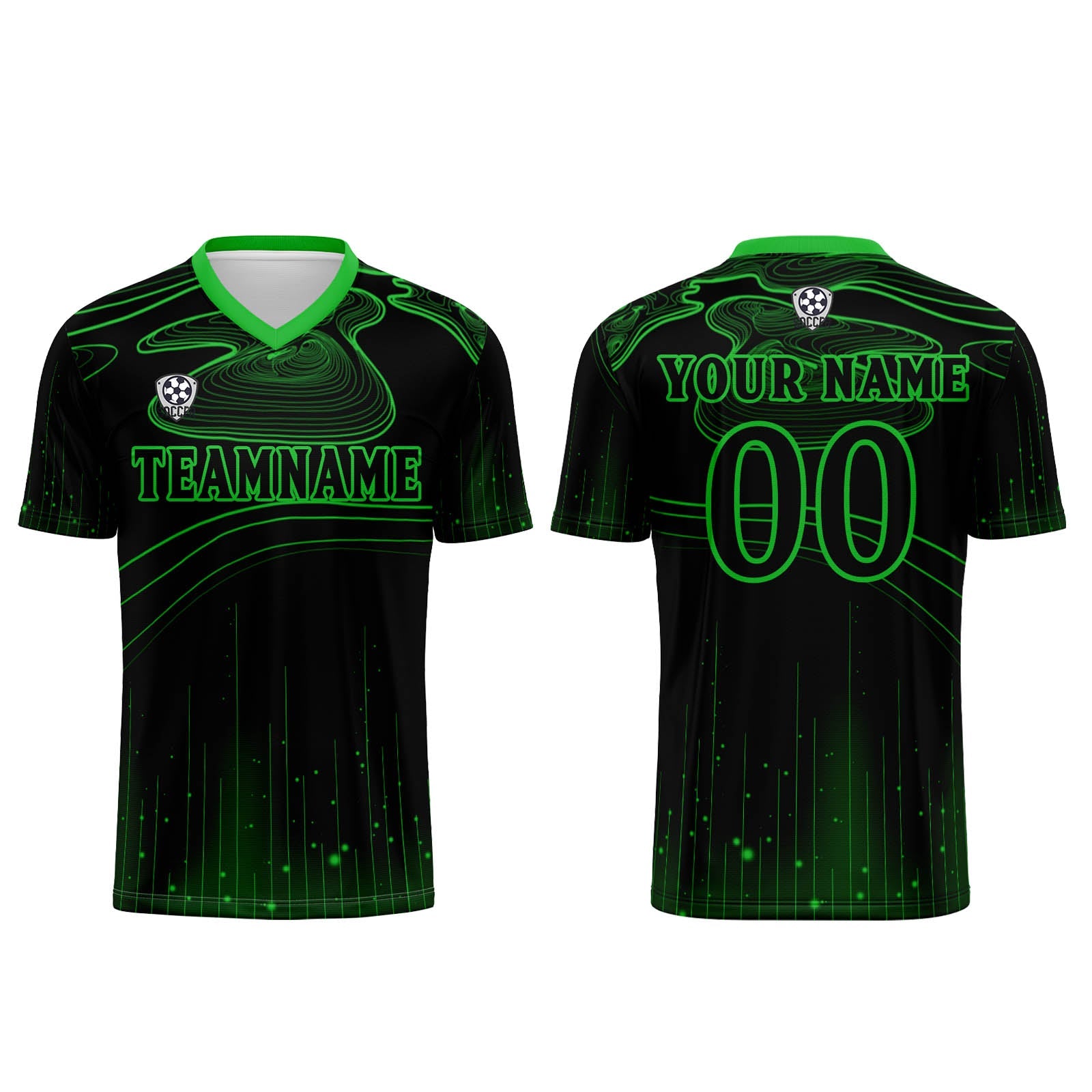 Conjunto personalizado de camiseta de fútbol negra y verde para niños y adultos