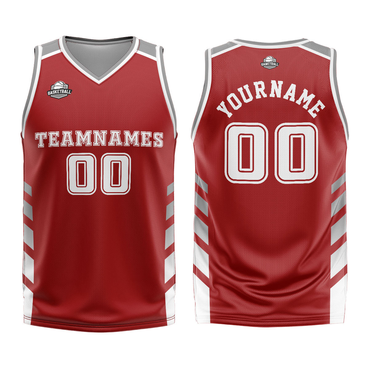 Uniforme de baloncesto personalizado rojo y gris con tu logotipo-nombre y número impresos