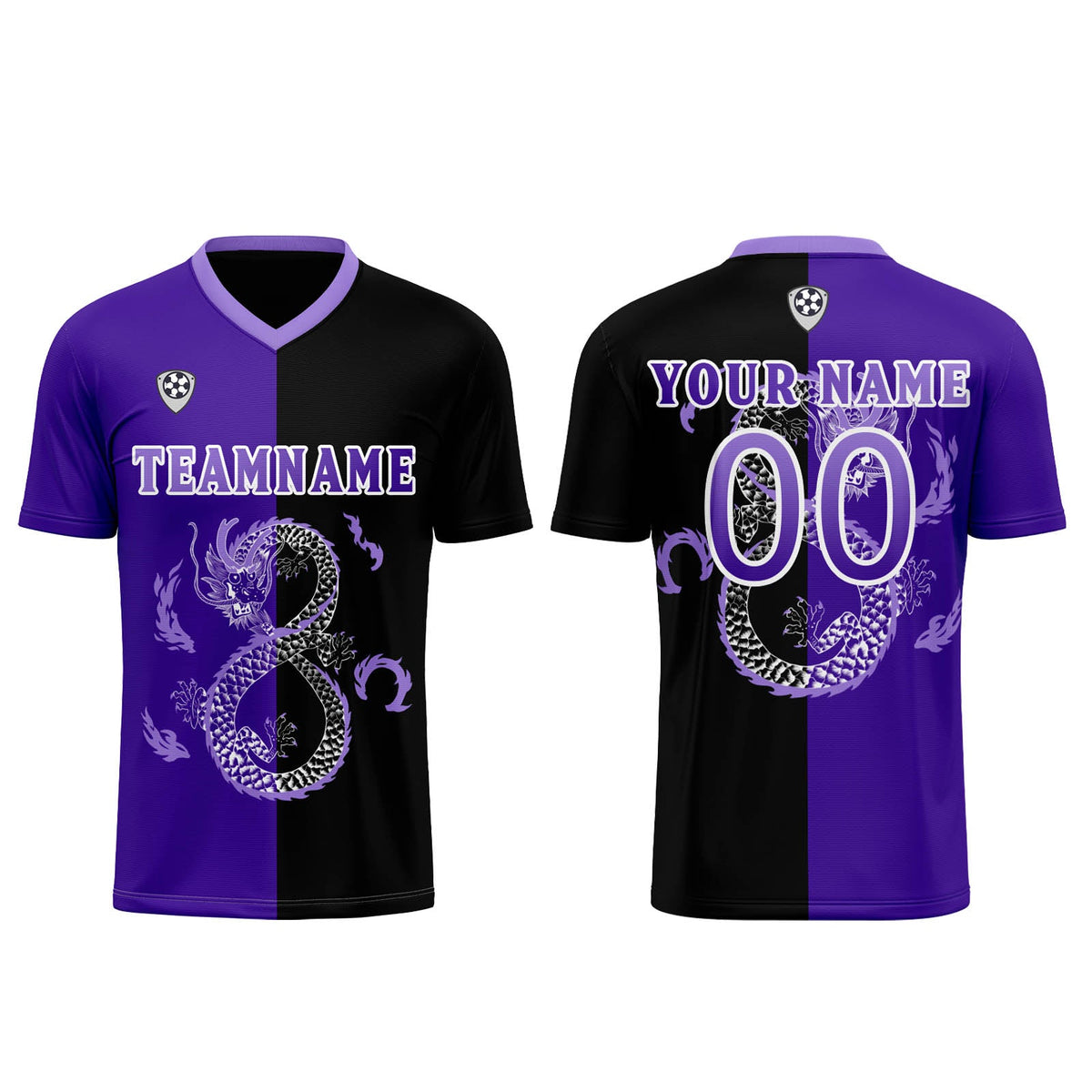 Conjunto personalizado de camiseta de uniforme morado y negro para niños y adultos