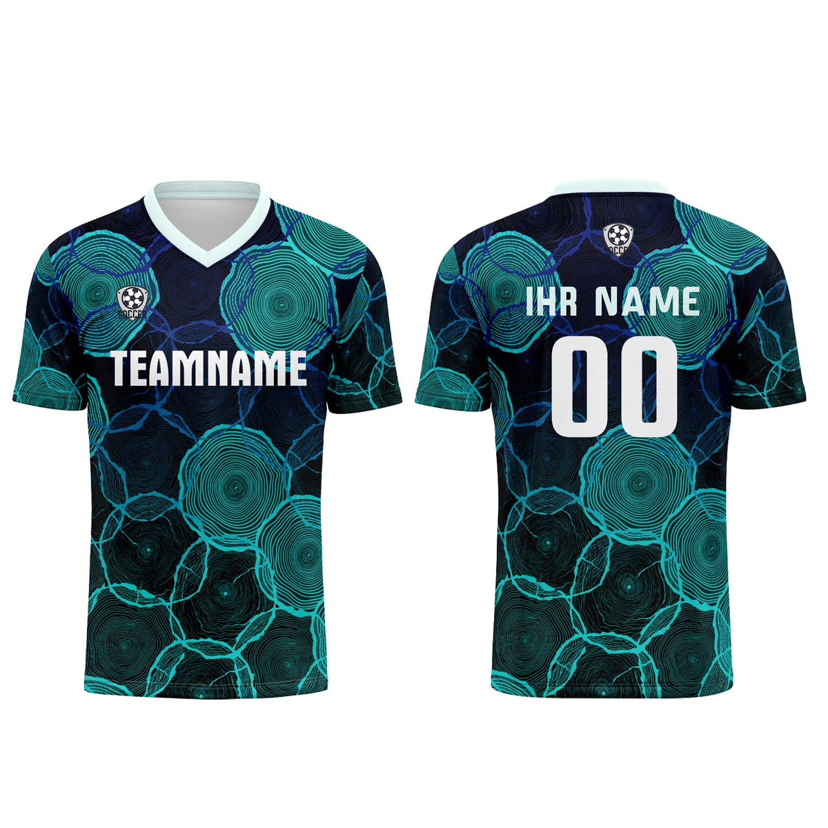 Conjunto personalizado de camiseta de uniforme negra y cian para niños y adultos