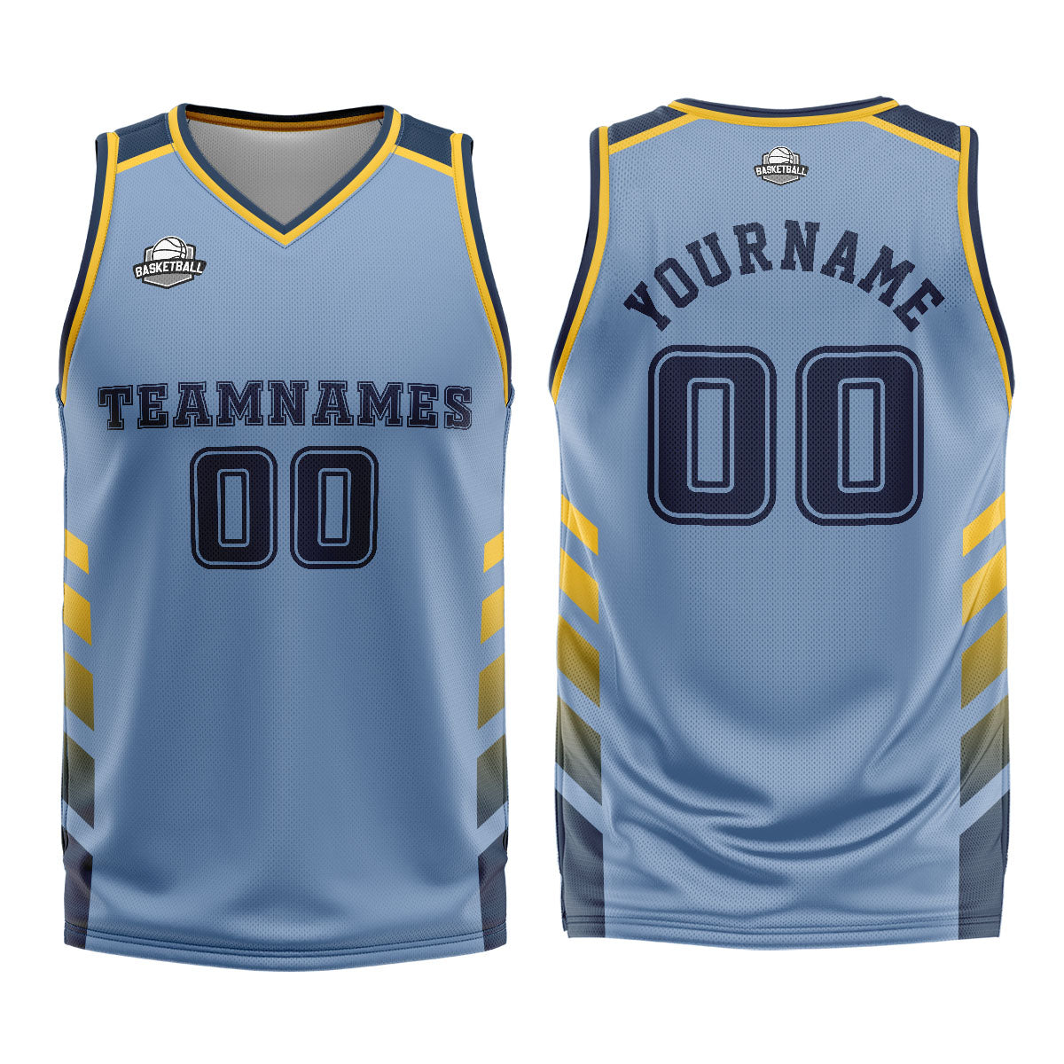 Uniforme de baloncesto personalizado azul y amarillo con tu logotipo-nombre y número impresos