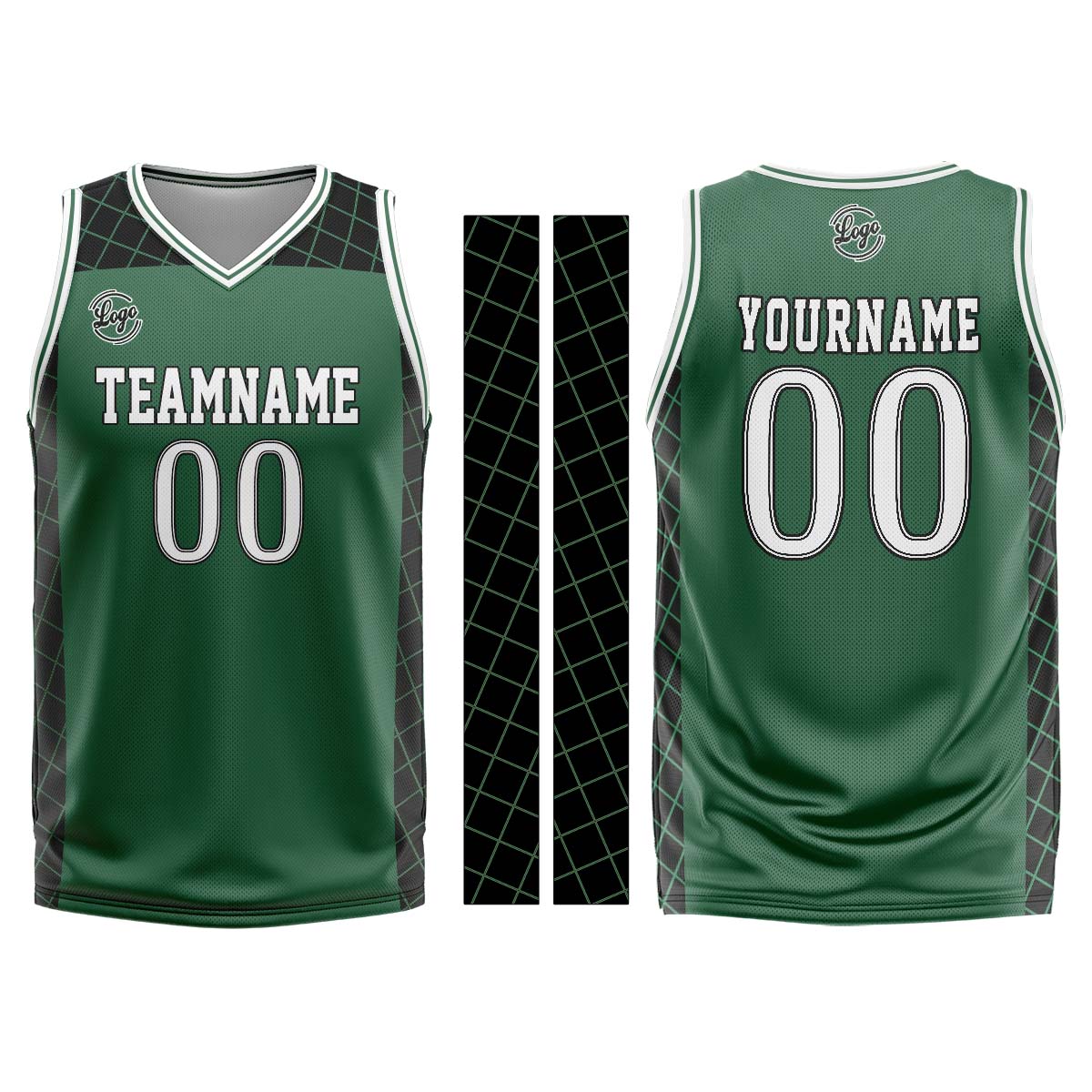 Uniforme de baloncesto personalizado verde y negro con tu logotipo-nombre y número impresos