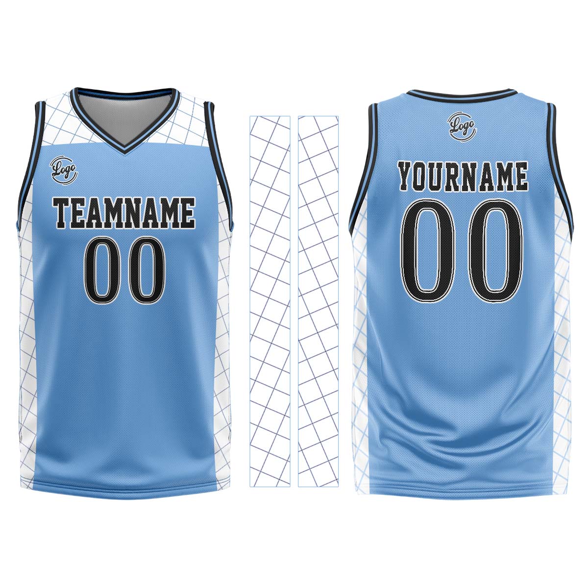 Uniforme de baloncesto personalizado azul claro y negro con tu logotipo-nombre y número impresos