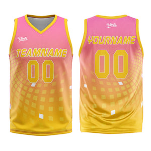 Uniforme de baloncesto rosa y amarillo personalizado con tu logotipo-nombre y número impresos