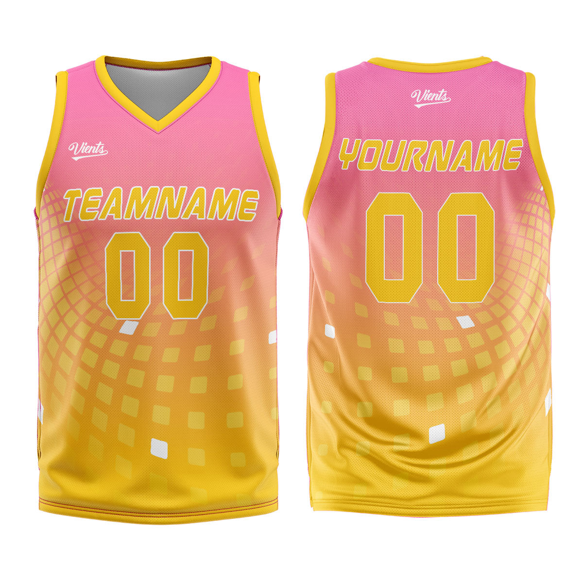 Uniforme de baloncesto rosa y amarillo personalizado con tu logotipo-nombre y número impresos