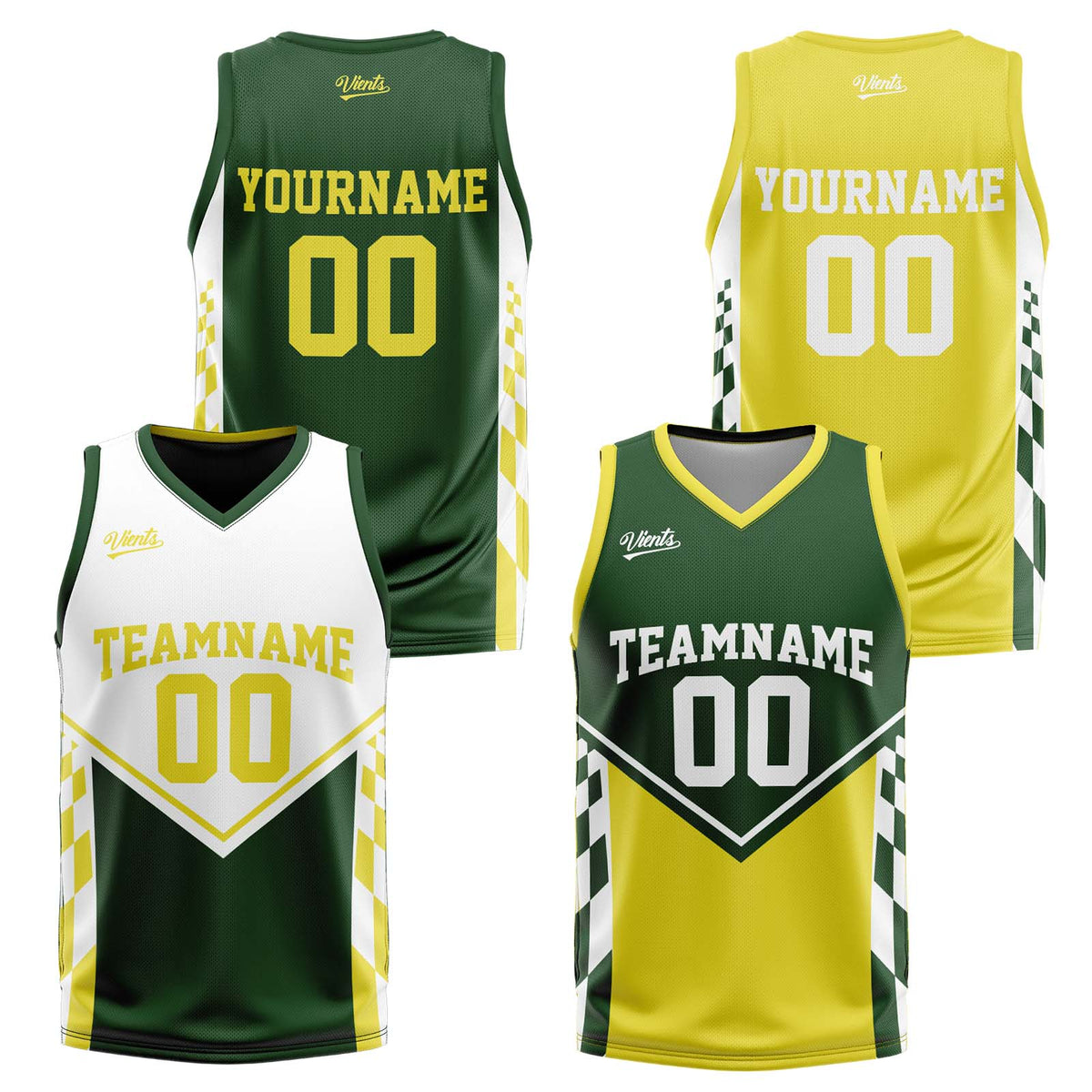 Traje de baloncesto reversible personalizado en verde y amarillo apagado para adultos y niños
