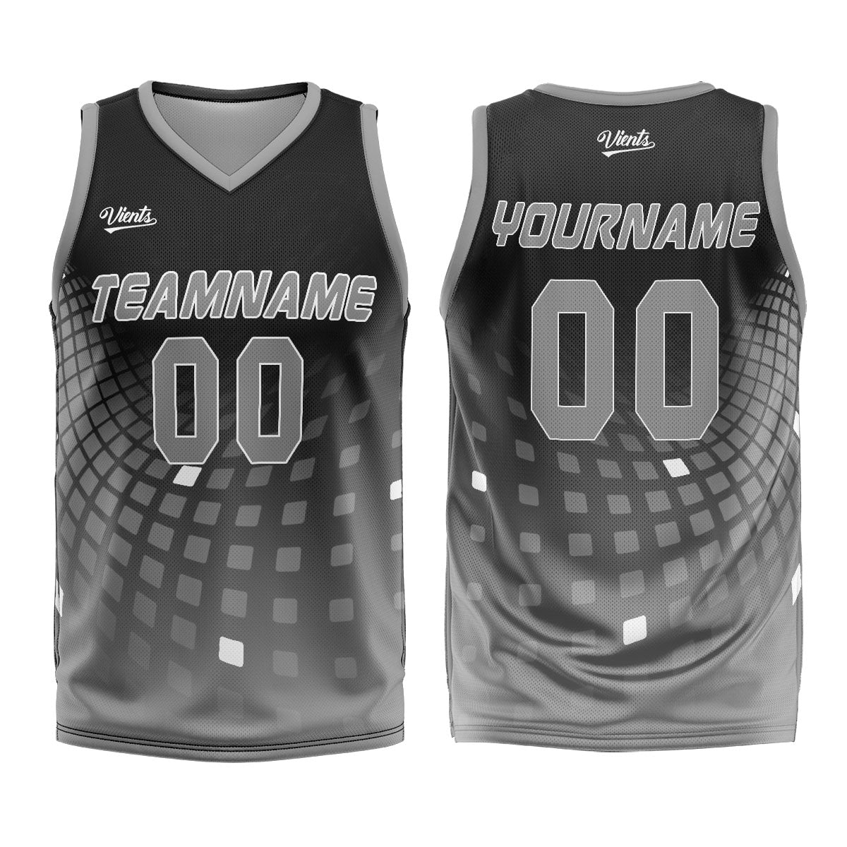 Uniforme de baloncesto personalizado en negro y gris con tu logotipo-nombre y número impresos