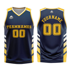 Uniforme de baloncesto personalizado azul marino y amarillo con tu logotipo-nombre y número impresos