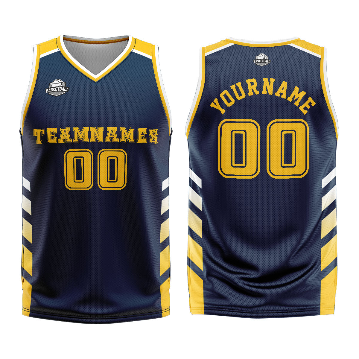 Uniforme de baloncesto personalizado azul marino y amarillo con tu logotipo-nombre y número impresos