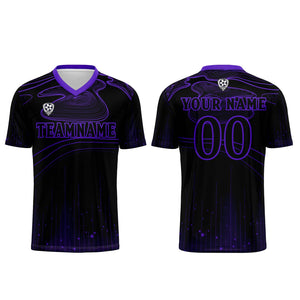Conjunto personalizado de camiseta de fútbol negra y morada para niños y adultos