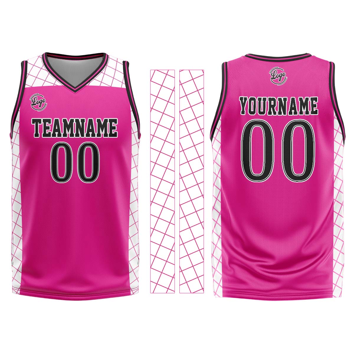 Uniforme de baloncesto rosa y negro personalizado con tu logotipo-nombre y número impresos