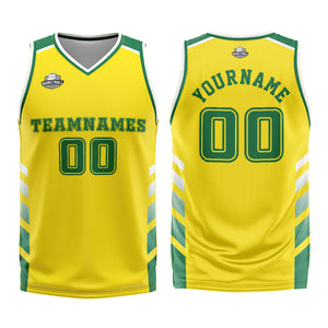 Uniforme de baloncesto personalizado amarillo y verde con tu logotipo-nombre y número impresos