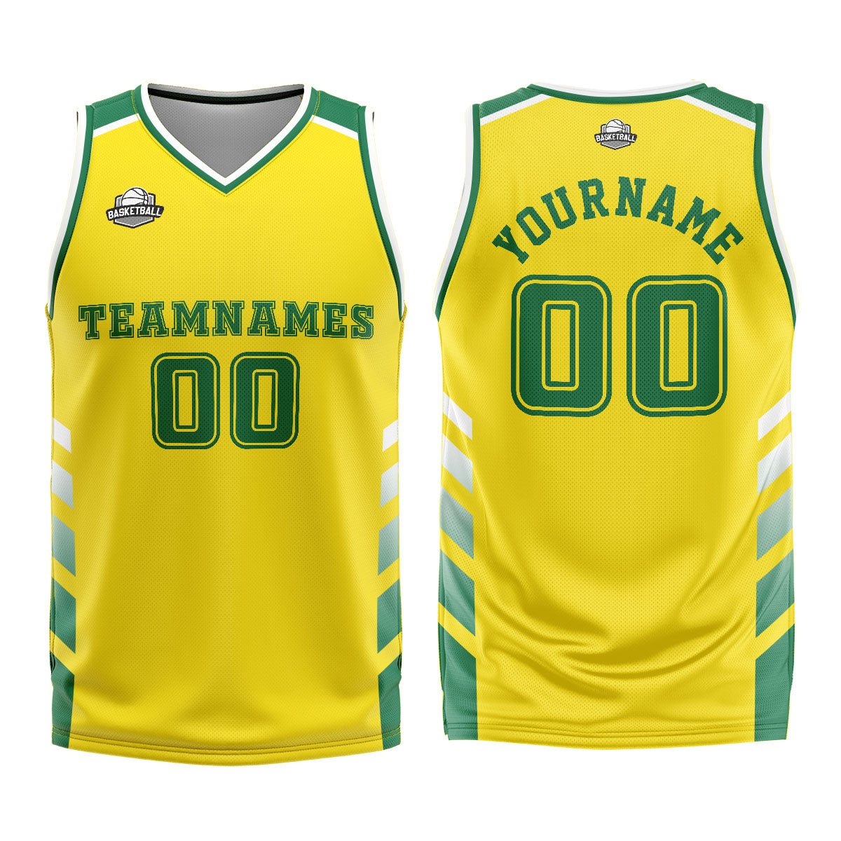Uniforme de baloncesto personalizado amarillo y verde con tu logotipo-nombre y número impresos
