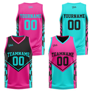 Traje de baloncesto reversible personalizado en negro-rosa y azul claro para adultos y niños