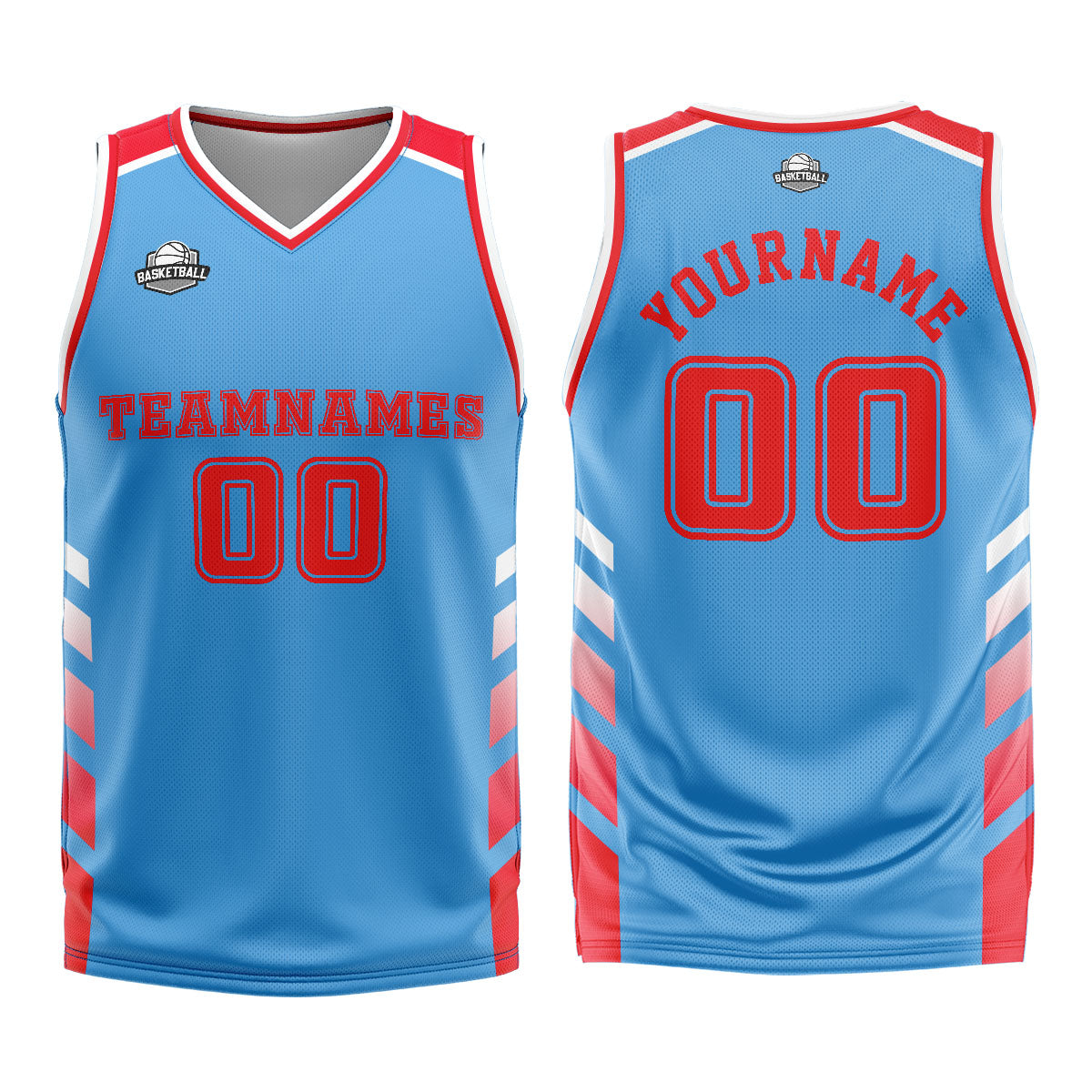 Uniforme de baloncesto personalizado azul y rojo con tu logotipo-nombre y número impresos
