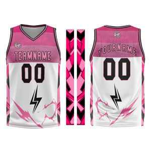 Uniforme de baloncesto personalizado blanco y rosa con tu logotipo-nombre y número impresos