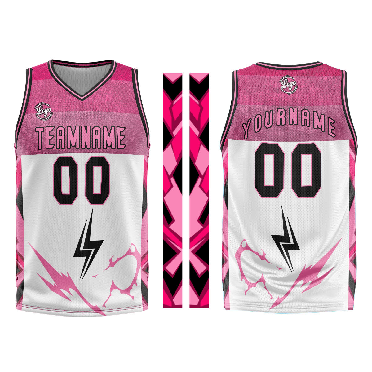 Uniforme de baloncesto personalizado blanco y rosa con tu logotipo-nombre y número impresos