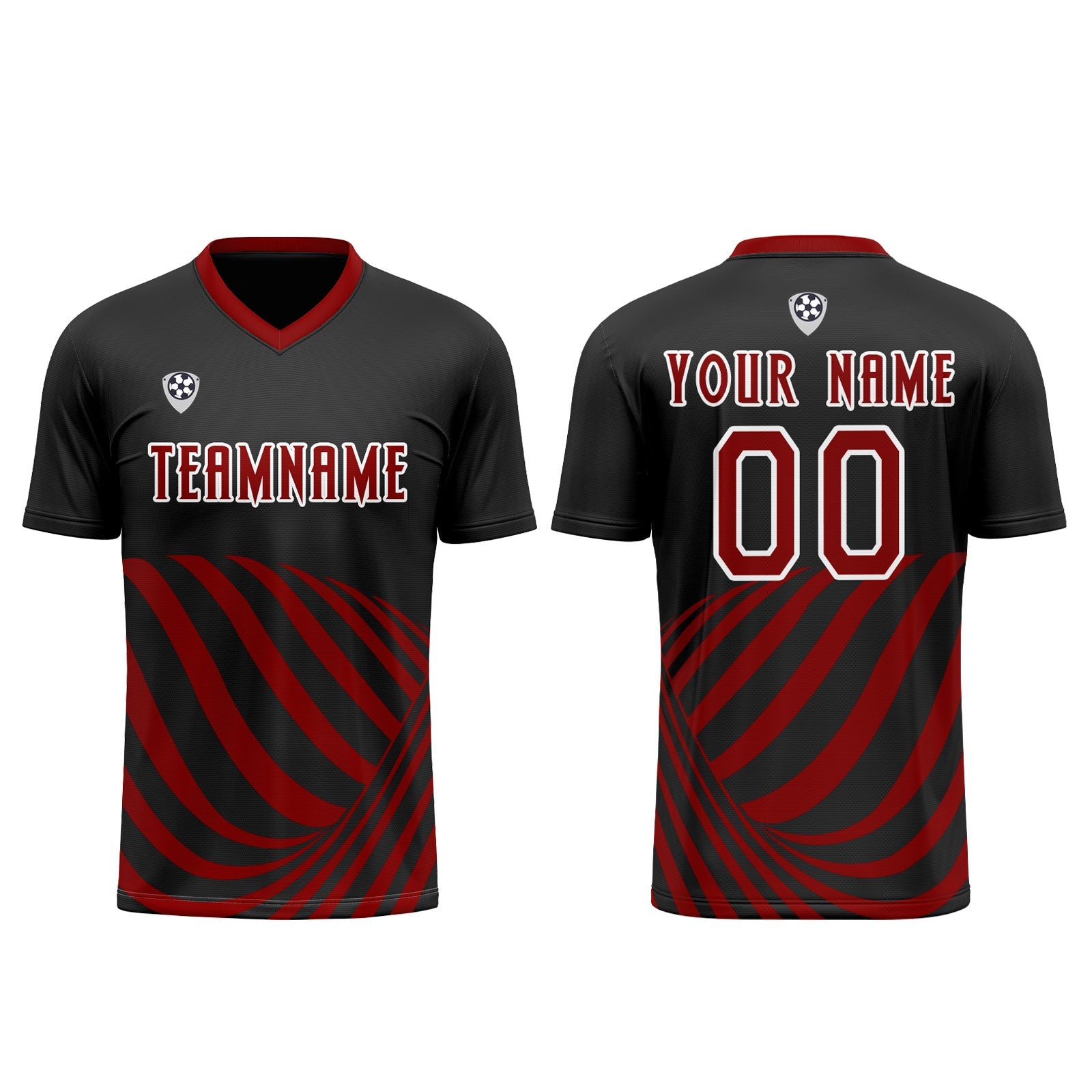 Conjunto personalizado de camiseta de uniforme negra y roja para niños y adultos
