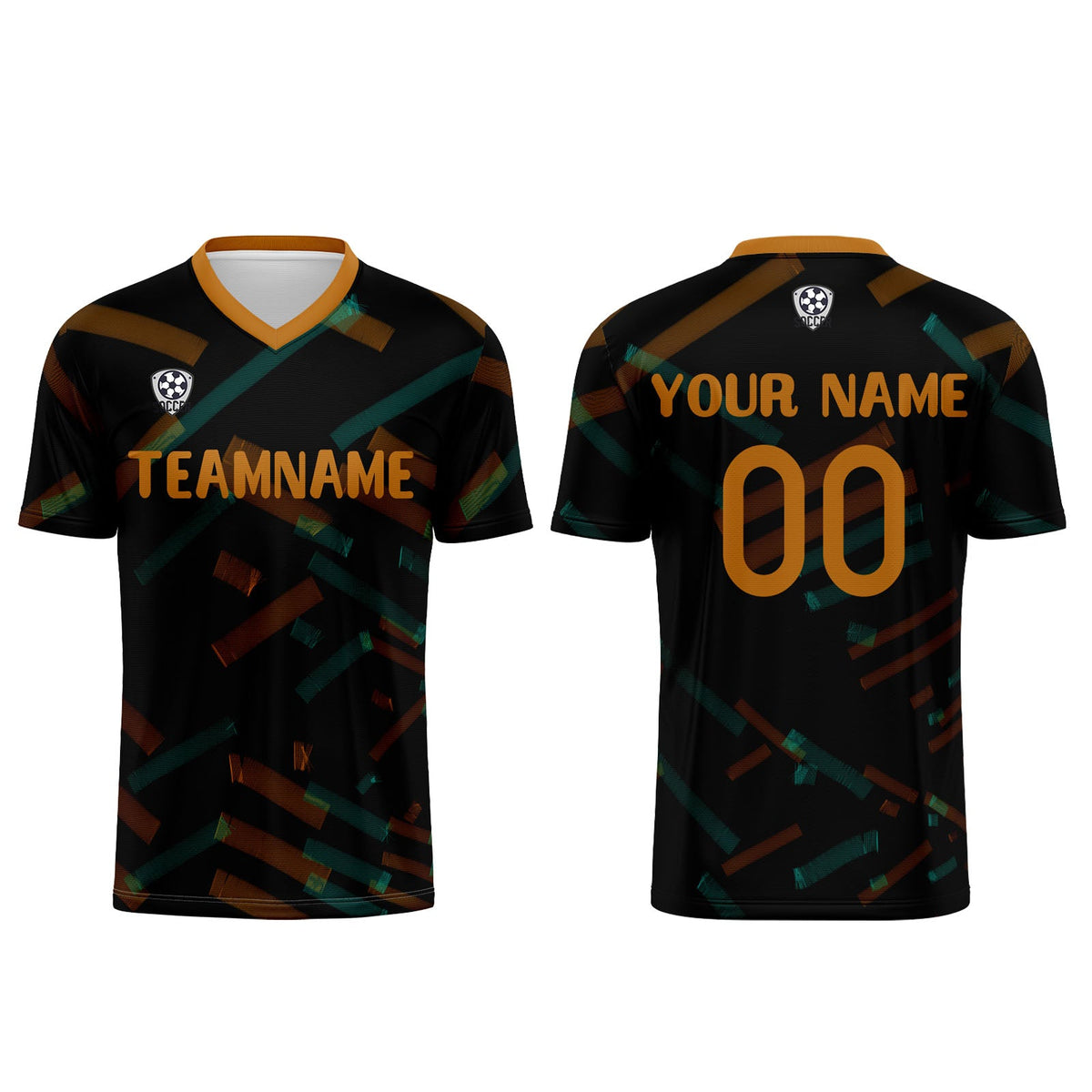 Conjunto personalizado de camiseta de fútbol negra y naranja para niños y adultos
