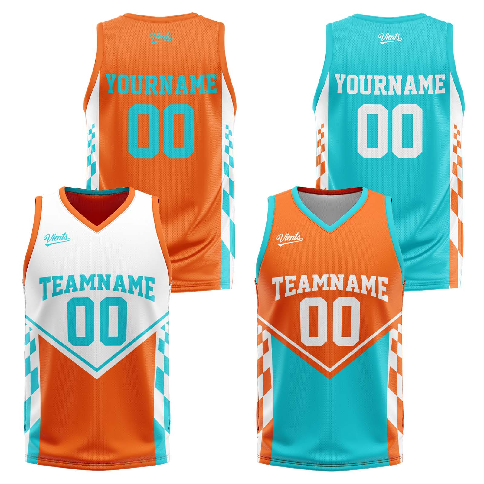 Traje de baloncesto reversible naranja y cian personalizado para adultos y niños