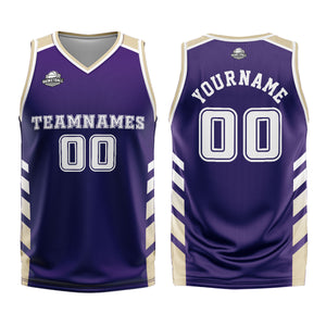 Uniforme de baloncesto personalizado morado y blanco con tu logotipo-nombre y número impresos
