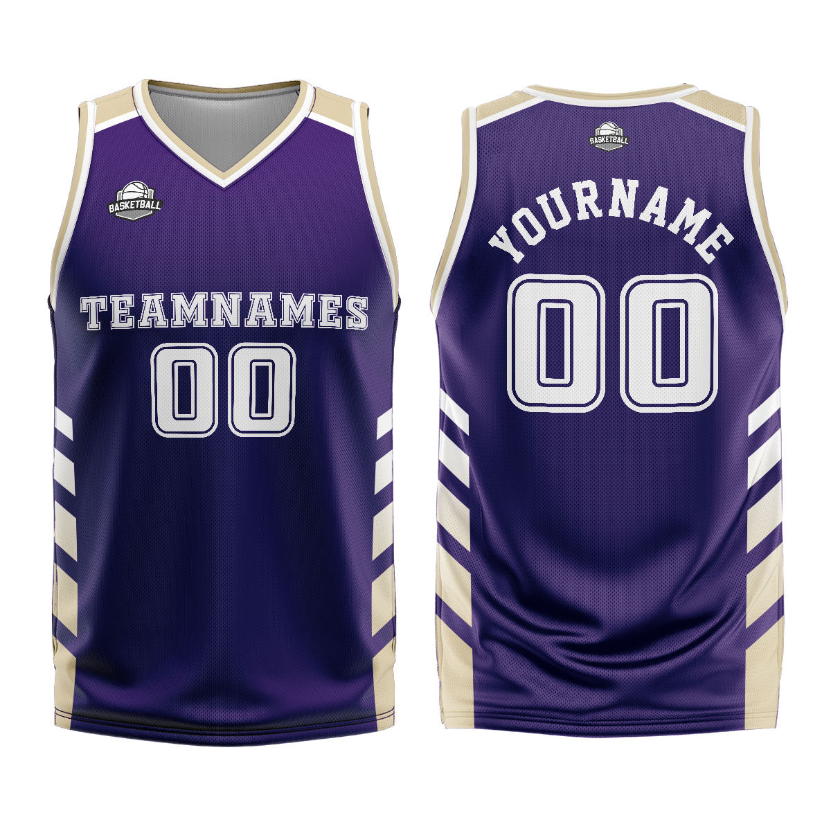 Uniforme de baloncesto personalizado morado y blanco con tu logotipo-nombre y número impresos