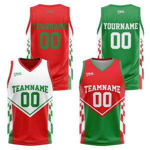 Traje de baloncesto reversible rojo y verde personalizado para adultos y niños