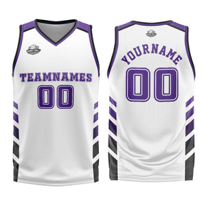 Uniforme de baloncesto personalizado blanco y morado con tu logotipo-nombre y número impresos