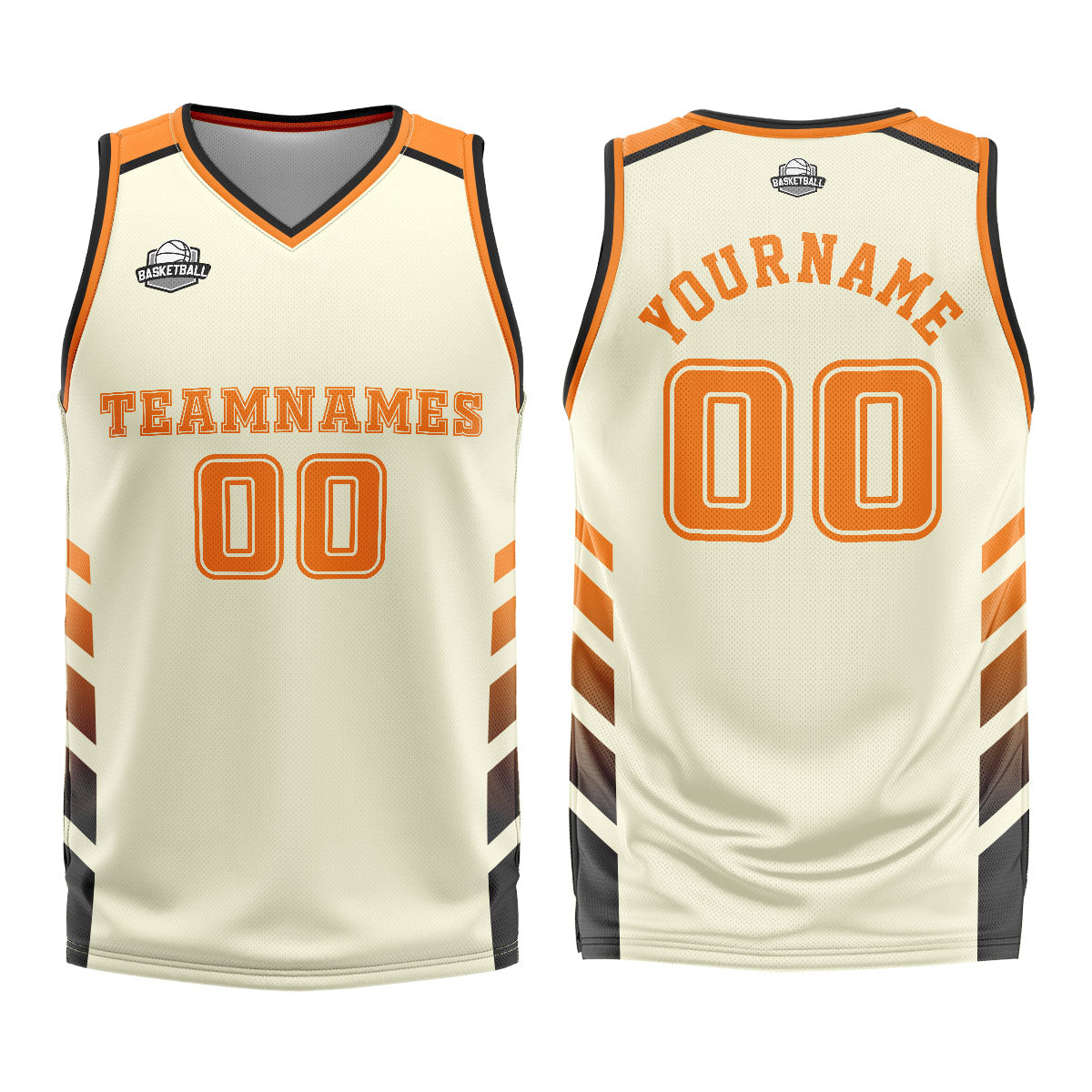 Uniforme de baloncesto personalizado color crema y naranja con tu logotipo-nombre y número impresos