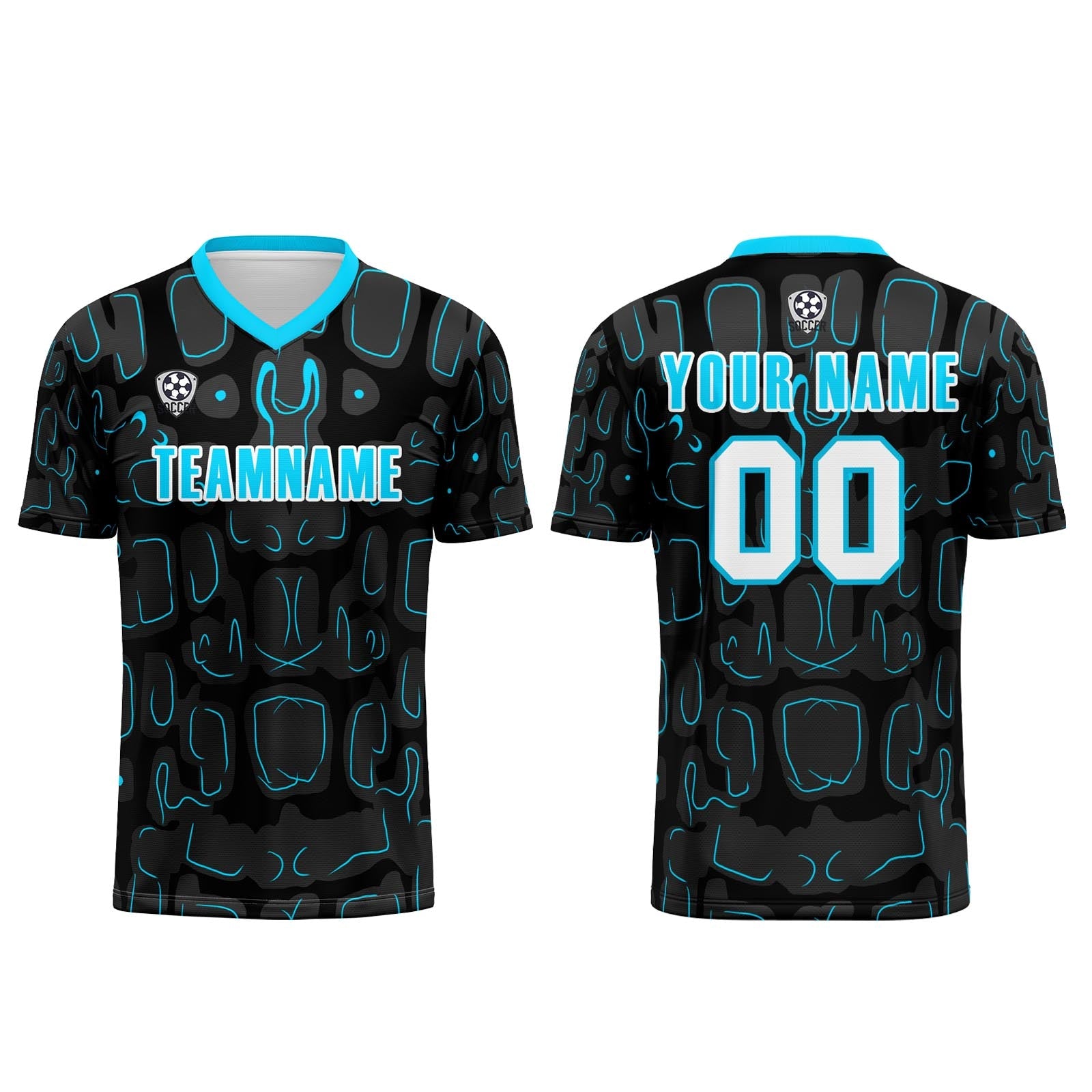Conjunto personalizado de camiseta de fútbol negra & azul y cian para niños y adultos