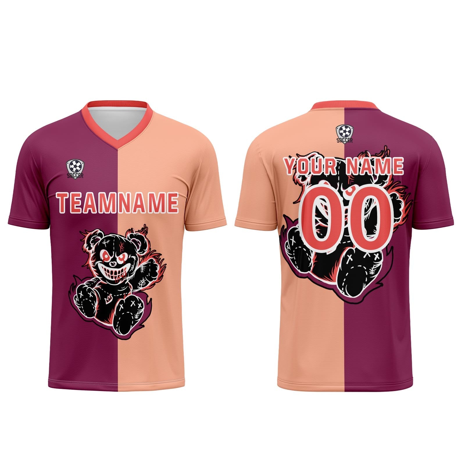 Conjunto personalizado de camiseta de fútbol fucsia y marrón claro para niños y adultos