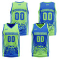 Traje de baloncesto reversible azul y verde personalizado para adultos y niños