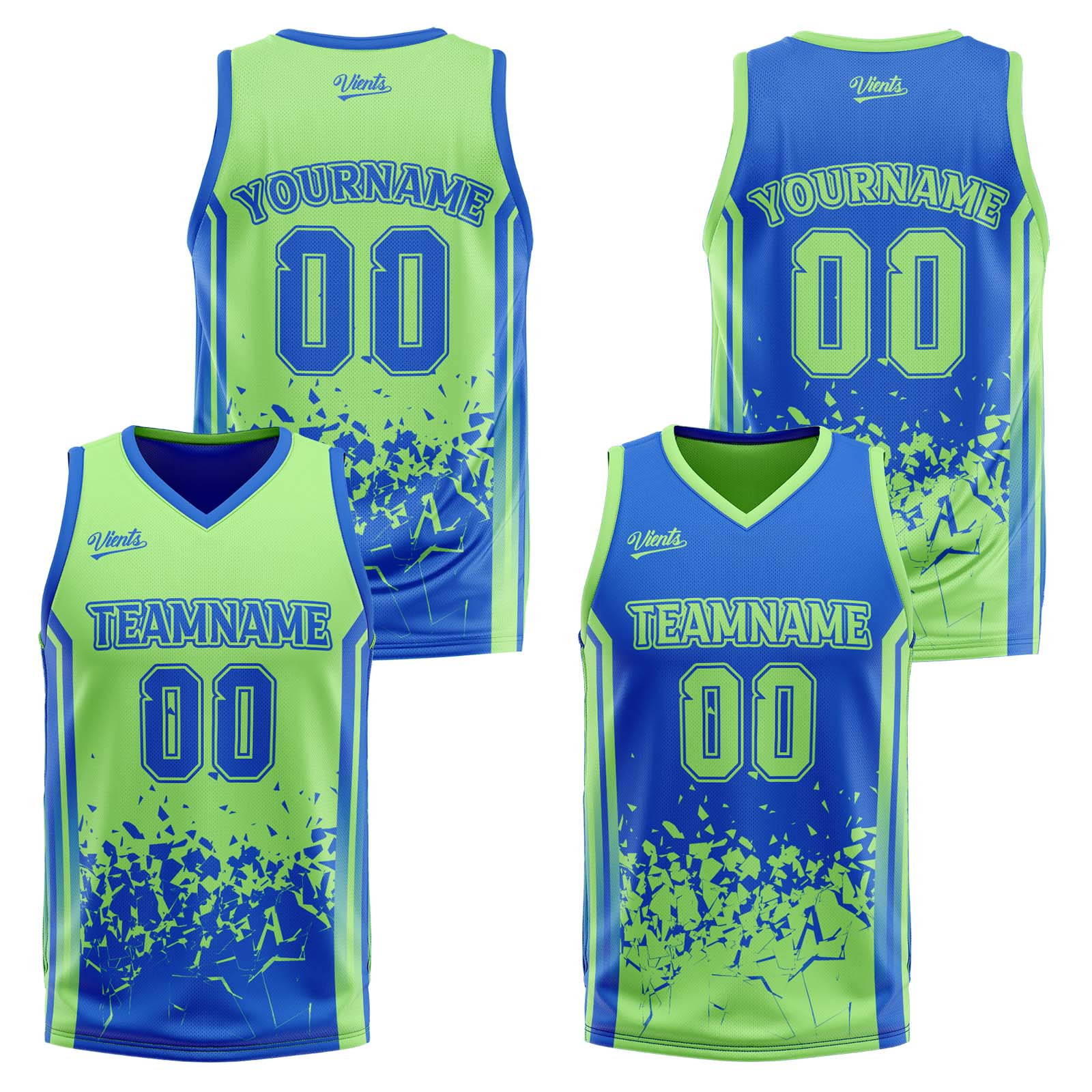 Traje de baloncesto reversible azul y verde personalizado para adultos y niños