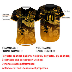 Camiseta de béisbol personalizada negra y amarilla con degradado uniformes de equipo con nombre y número
