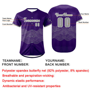 Camiseta de béisbol personalizada en color morado y gris con degradado uniformes de equipo personalizados con nombre y número