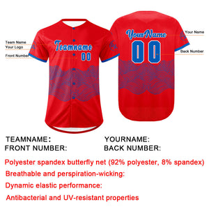 Camiseta de béisbol personalizada roja y azul con degradado uniformes de equipo con nombre y número